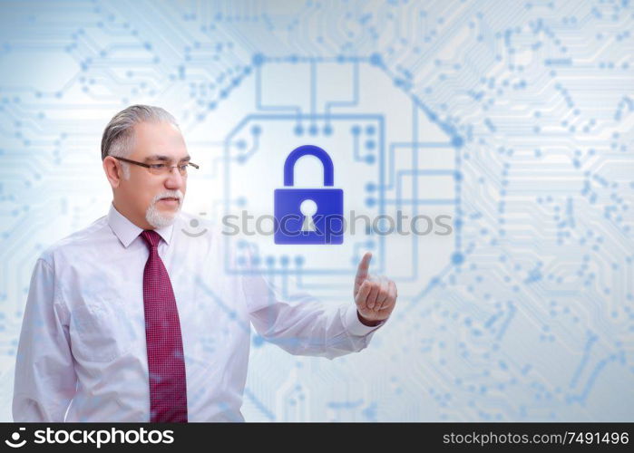 The man in digital security concept pressing button. Man in digital security concept pressing button