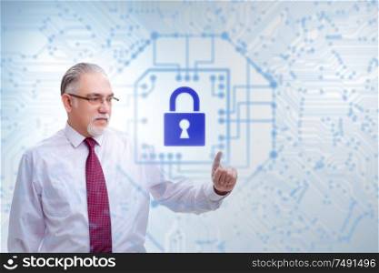 The man in digital security concept pressing button. Man in digital security concept pressing button