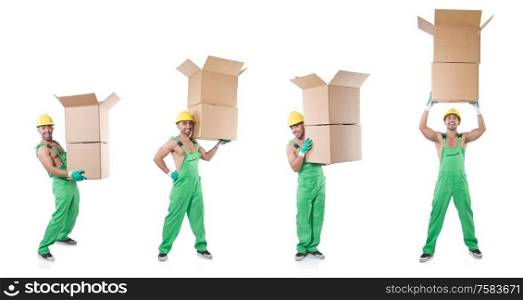 The man in green coveralls with boxes. Man in green coveralls with boxes