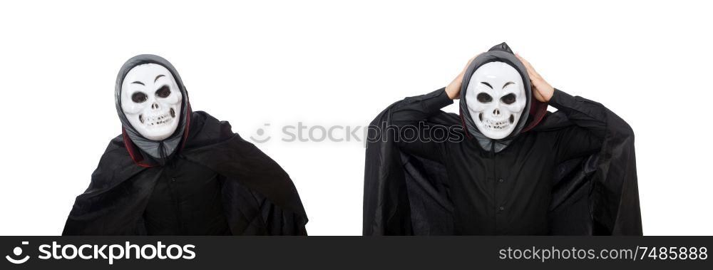 The man in horror costume with mask isolated on white. Man in horror costume with mask isolated on white