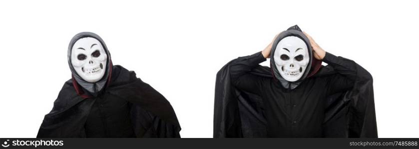 The man in horror costume with mask isolated on white. Man in horror costume with mask isolated on white