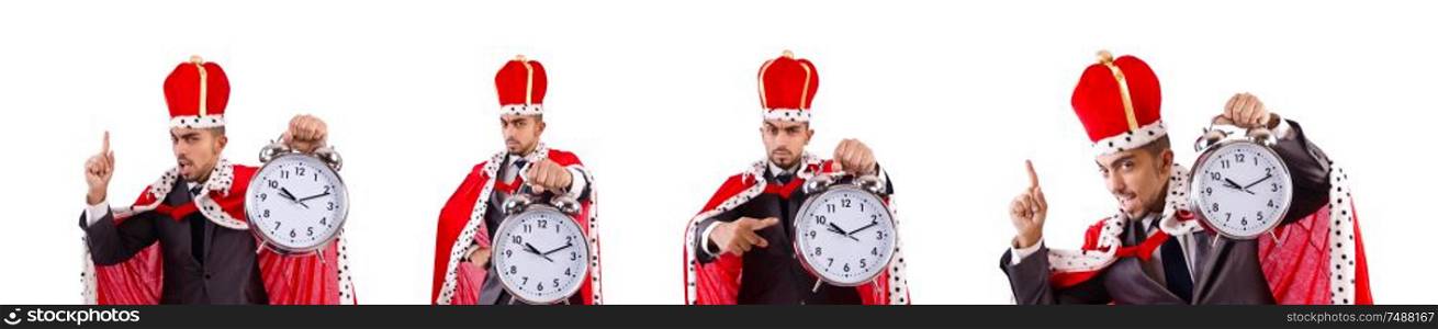 The man king with clock isolated on the white. Man king with clock isolated on the white