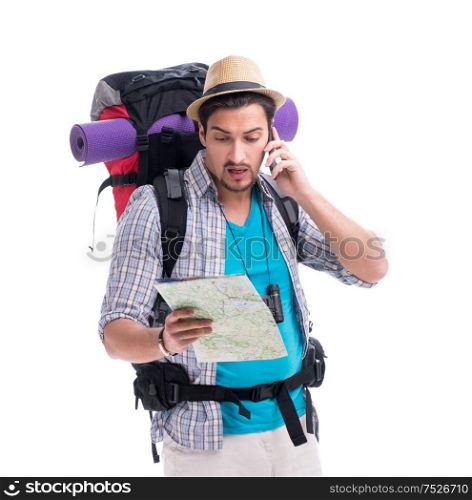 The man lost and looking for direction with map on white. Man lost and looking for direction with map on white