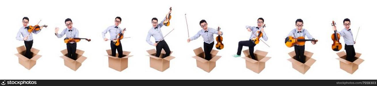 The man playing violin from the box. Man playing violin from the box