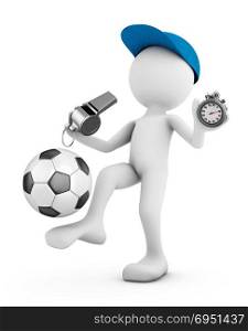 The man plays with a soccer ball and holds a whistle and a stopwatch. 3d rendering.