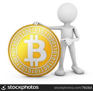 The man points to coin of bitcoin. 3d rendering.