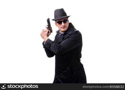 The man spy with handgun isolated on white background. Man spy with handgun isolated on white background