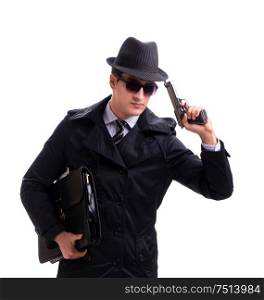 The man spy with handgun isolated on white background. Man spy with handgun isolated on white background
