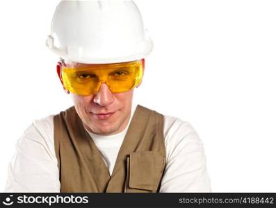 The man, the builder, in goggles and a helmet.