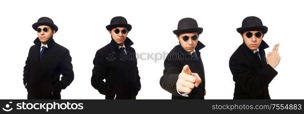 The man wearing black coat isolated on white. Man wearing black coat isolated on white