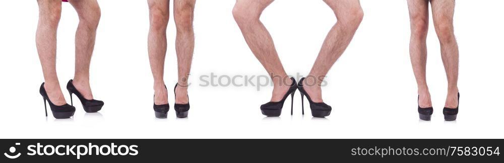 The man wearing woman shoes isolated on white. Man wearing woman shoes isolated on white