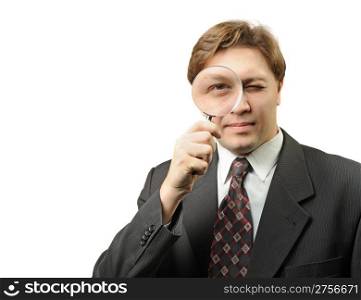 The man with a magnifier. It is isolated on a white background