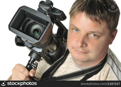 The man with a videocamera. It is isolated on a white background