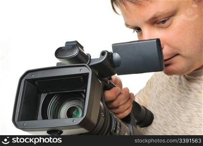 The man with a videocamera. It is isolated on a white background