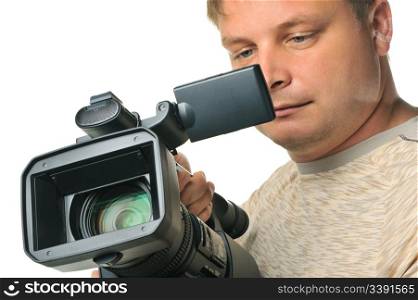 The man with a videocamera. It is isolated on a white background