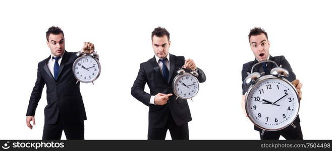 The man with alarm clock isolated on white. Man with alarm clock isolated on white