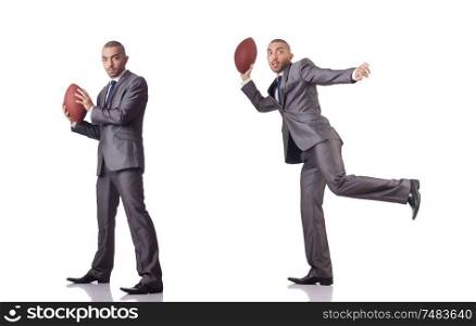The man with american football ball isolated on white. Man with american football ball isolated on white