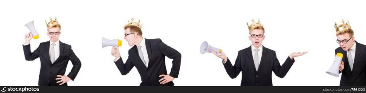 The man with crown and megaphone isolated on white. Man with crown and megaphone isolated on white