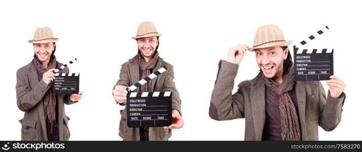 The man with movie clapperboard and hat. Man with movie clapperboard and hat