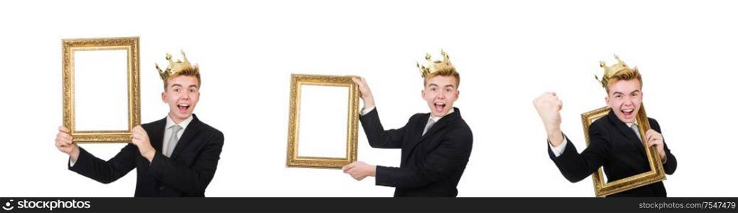The man with picture frame isolated on the white. Man with picture frame isolated on the white