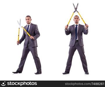 The man with shears in job cutting concept. Man with shears in job cutting concept