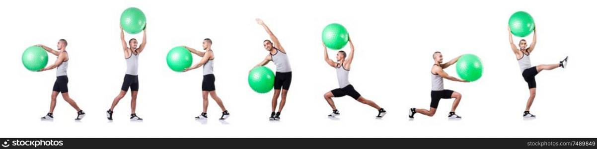 The man with swiss ball doing exercises on white. Man with swiss ball doing exercises on white