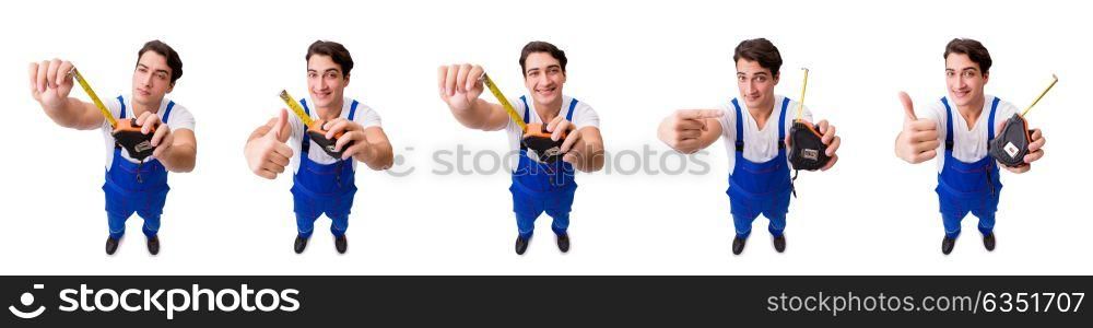 The man with tape measure isolated on white. Man with tape measure isolated on white