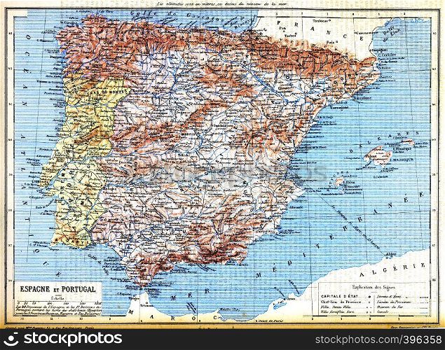 The map of Spain and Portugal with explanation of signs on map.