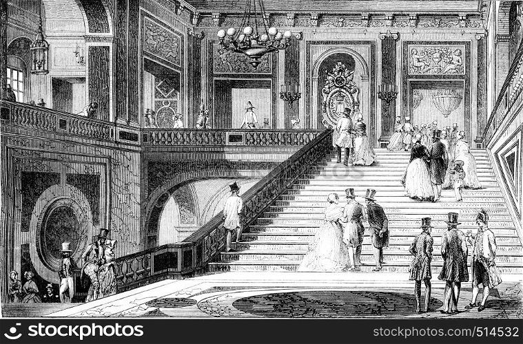 The marble staircase in the castle of Versailles, vintage engraved illustration. Magasin Pittoresque 1844.