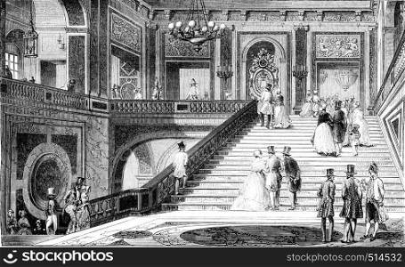 The marble staircase in the castle of Versailles, vintage engraved illustration. Magasin Pittoresque 1844.