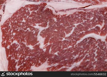 The marbling of a wagyu ribeye steak. The distribution of low-cholesterol, low-melting point fat throughout the meat gives wagyu its distinctive look and gourmet flavour, making it the most expensive kind of beef.