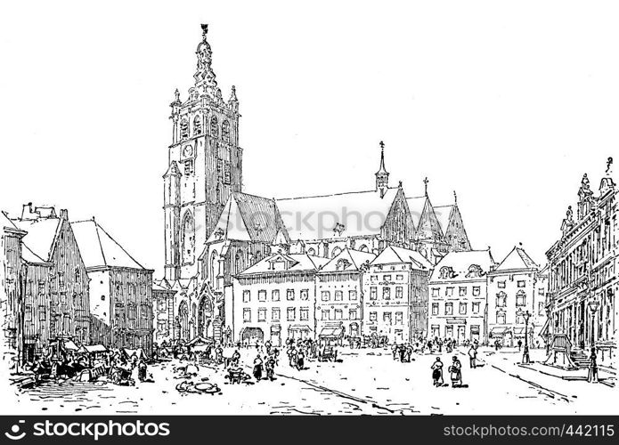 The Market Roermond, vintage engraved illustration. Journal des Voyage, Travel Journal, (1880-81).