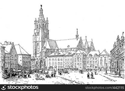 The Market Roermond, vintage engraved illustration. Journal des Voyage, Travel Journal, (1880-81).