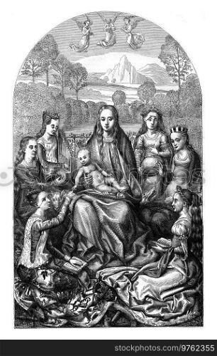 The Marriage of Saint Catherine, painting by Hans Memling, vintage engraved illustration. Magasin Pittoresque 1877. 