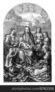 The Marriage of Saint Catherine, painting by Hans Memling, vintage engraved illustration. Magasin Pittoresque 1877. 