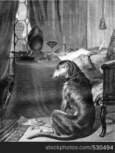 The master of the Dog, by Landseer, vintage engraved illustration. Magasin Pittoresque 1852.