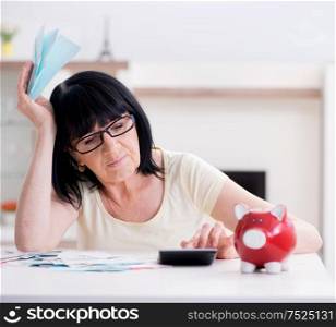 The mature woman trying to reconcile her bills. Mature woman trying to reconcile her bills