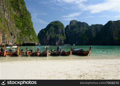 The Maya Beach near the Ko Phi Phi Island outside of the City of Krabi on the Andaman Sea in the south of Thailand. . THAILAND