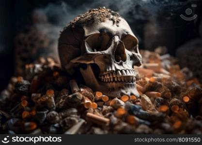 The medical concept of a human skull surrounded by smoke and cigarettes, warning of the dangers of tobacco use and its links to cancer and respiratory illness, captured by AI Generative.