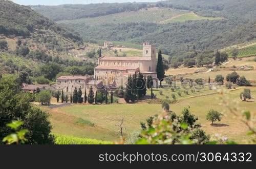 The medieval abbey of Sant&acute;Antimo, Tuscany, Italy and the surrounding landscape and forests.
