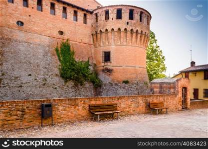 The medieval brick walls of the small village of Dozza near Bologna in Emilia Romagna, Italy