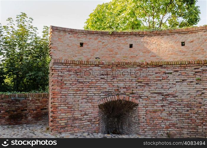 The medieval brick walls of the small village of Dozza near Bologna in Emilia Romagna, Italy. Trees on the background. Little door in frontside