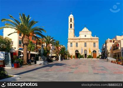 The medieval city with Orthodox cathedral Trimartiry in the sunny morning, Chania, Crete, Greece. Old town of Chania, Crete, Greece