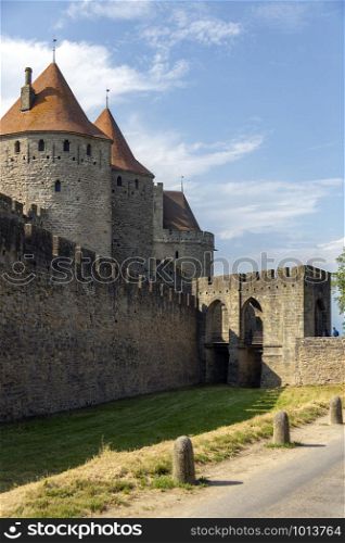 The medieval fortress and walled city of Carcassonne in the Languedoc-Roussillon region of southwest France. Founded by the Visigoths in the fith century, it was restored in 1853 and is now a UNESCO World Heritage Site.