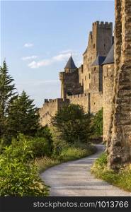 The medieval fortress and walled city of Carcassonne in the Languedoc-Roussillon region of southwest France. Founded by the Visigoths in the fith century, it was restored in 1853 and is now a UNESCO World Heritage Site.