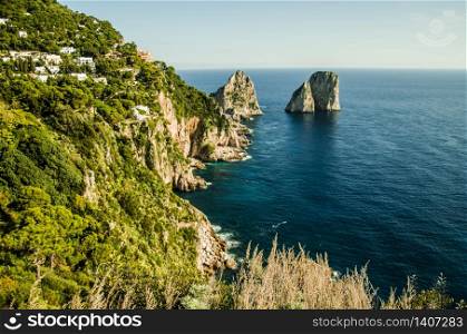 The Mediterranean sea on the Italian coast of the island of capri with its