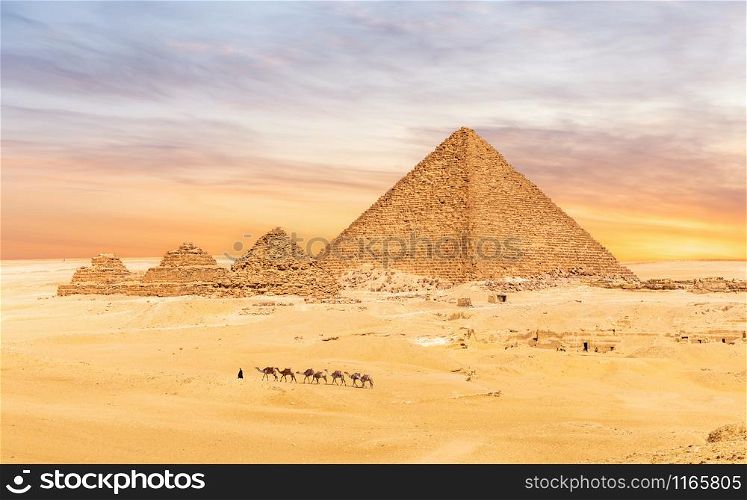 The Menkaure Pyramid complex in Giza desert, Cairo, Egypt.. The Menkaure Pyramid complex, Giza desert, Cairo, Egypt