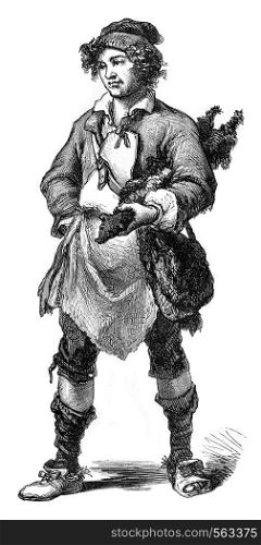The Merchant of rabbit skins, 1774, vintage engraved illustration. Magasin Pittoresque 1869.