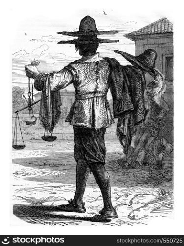 The Merchant of straw hats, vintage engraved illustration. Magasin Pittoresque 1867.