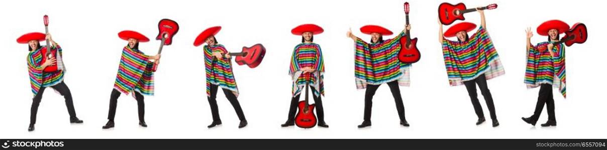 The mexican in vivid poncho holding guitar isolated on white. Mexican in vivid poncho holding guitar isolated on white. The mexican in vivid poncho holding guitar isolated on white